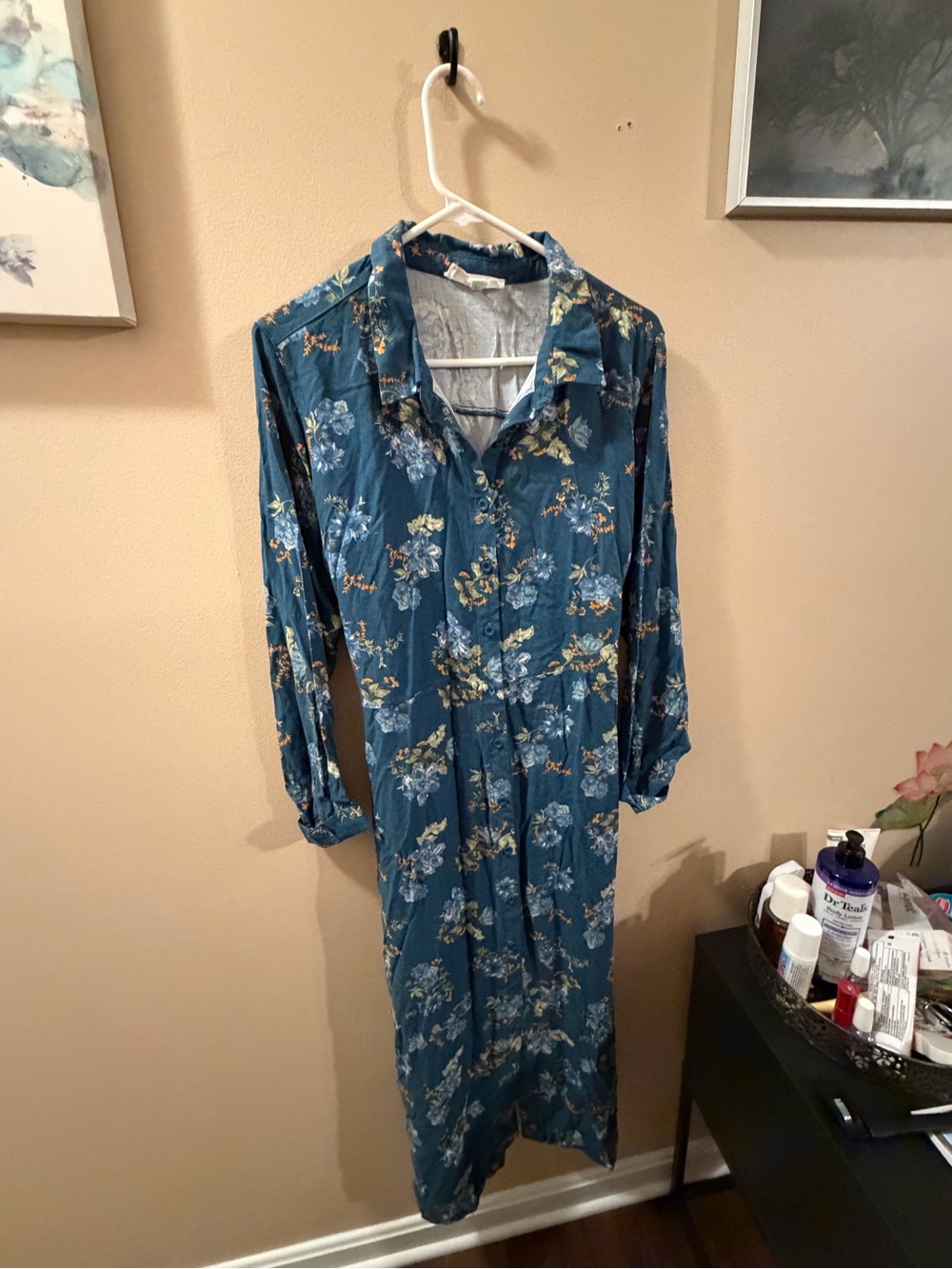 Lucky Brand Floral Button-Front Maxi Dress in Teal size XL